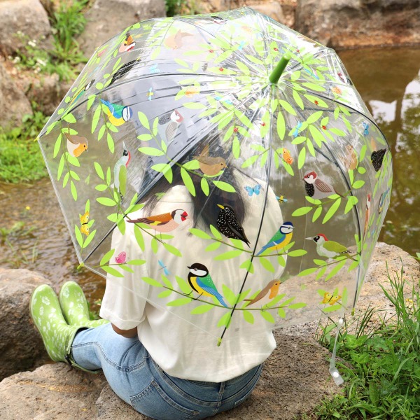 새와 초록잎 투명 우산
